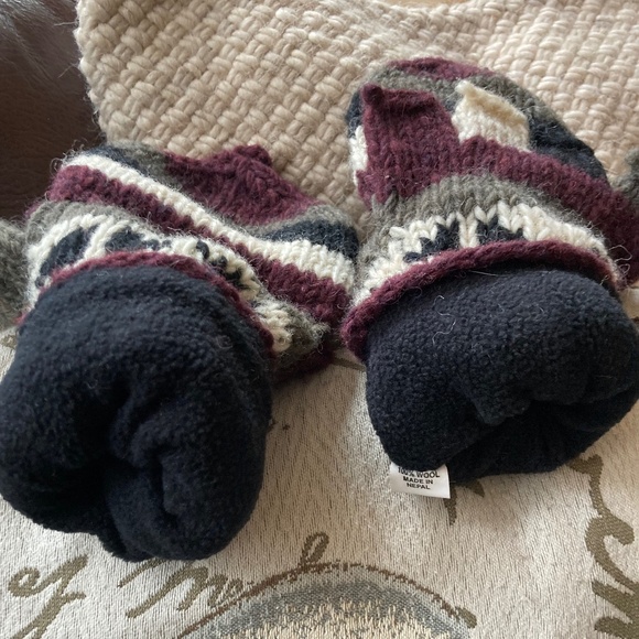 Wool Gloves Mittens Fleece Lining Convertible Handmade in Nepal Unisex - Picture 3 of 9